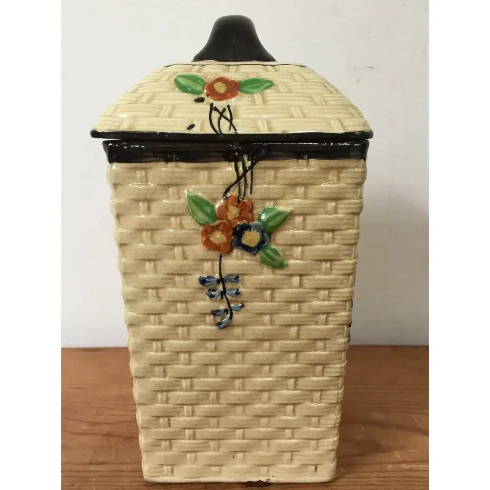 Vtg Hotta Yu Shoten Japanese Basketweave Majolica Blossom Flour Kitchen Canister